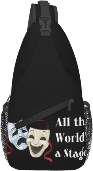 Comedy Tragedy Drama Theater Masks Mens Crossbody Chest Bag One Shoulder Strap Zipper Sling Bags