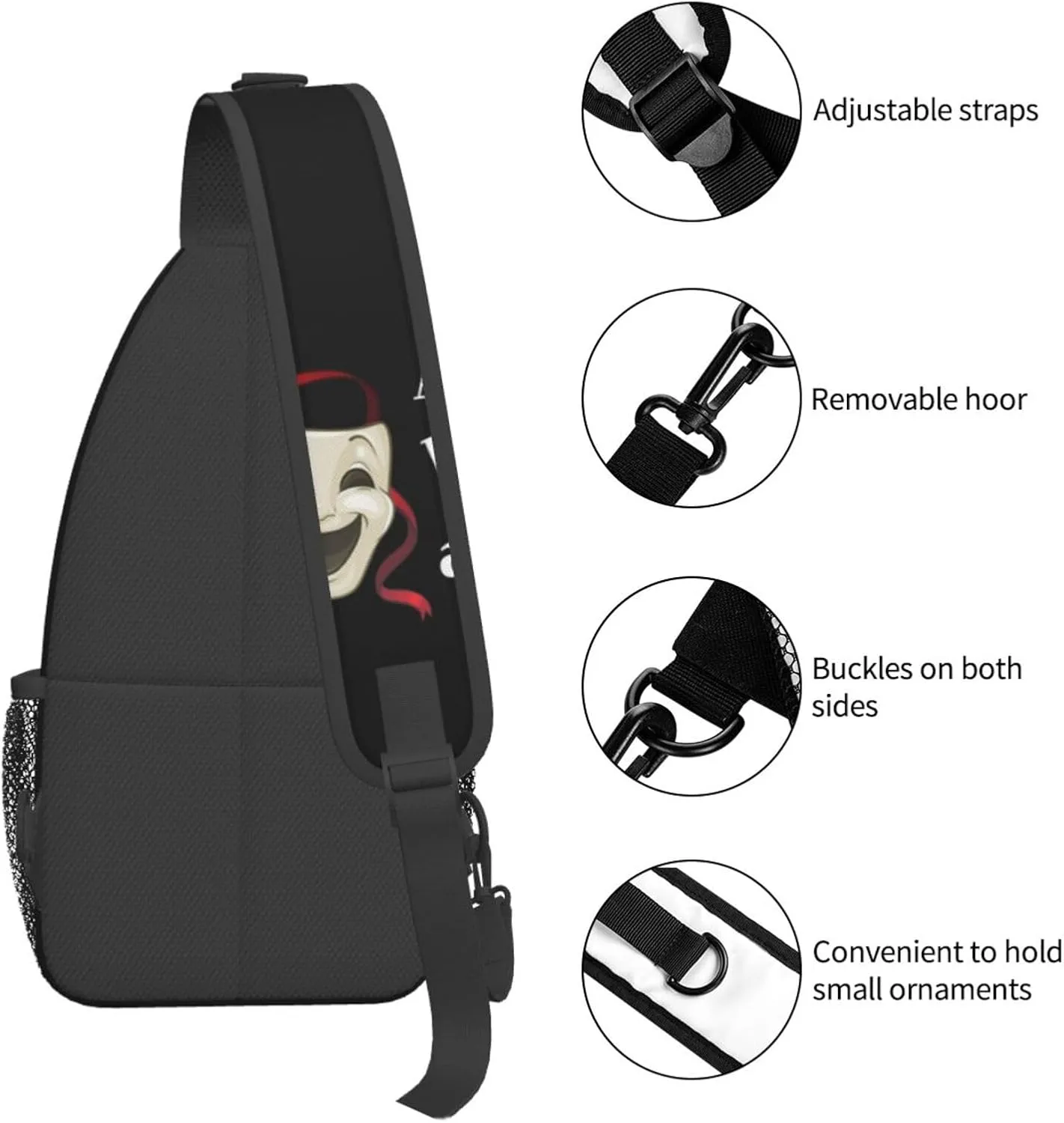 Comedy Tragedy Drama Theater Masks Mens Crossbody Chest Bag One Shoulder Strap Zipper Sling Bags