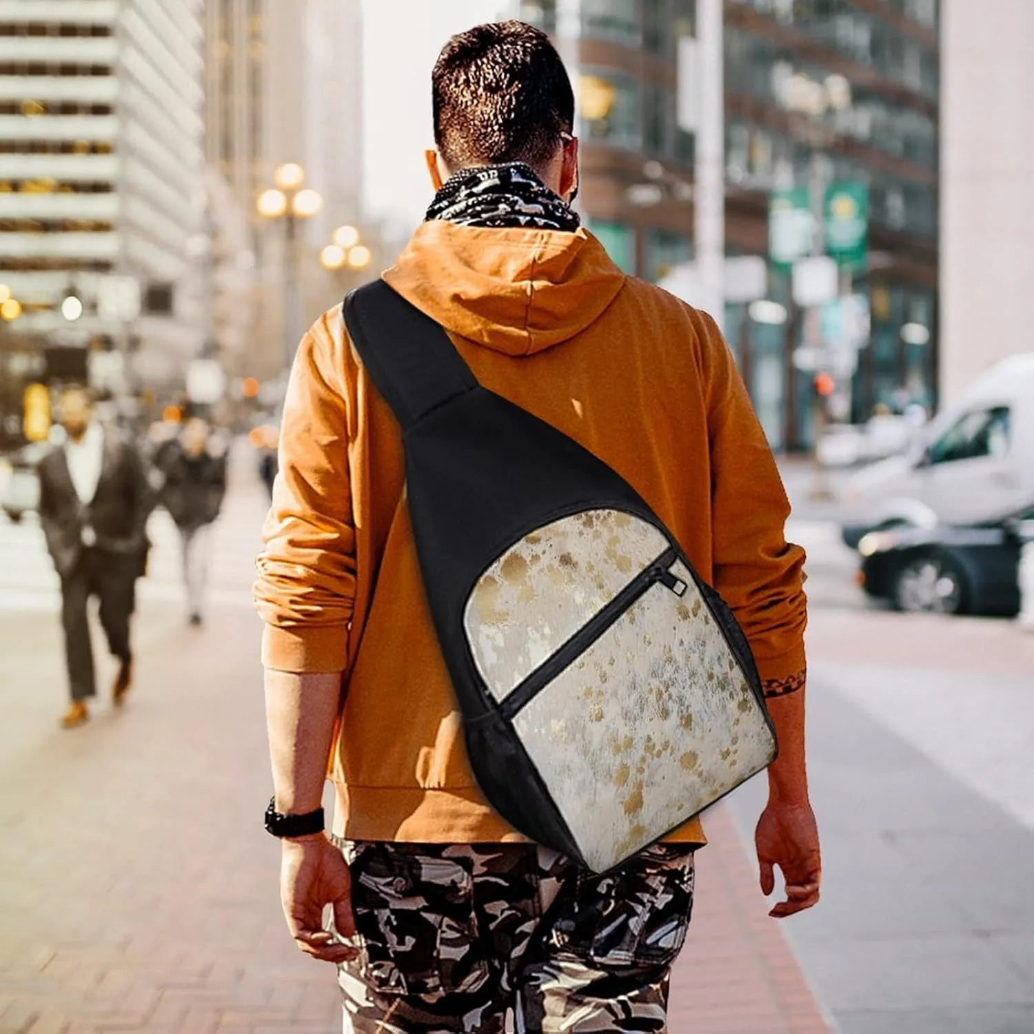 Cowhide Print Metallic Chest Bag with Mesh Pockets on Both Sides And Main Bag Design