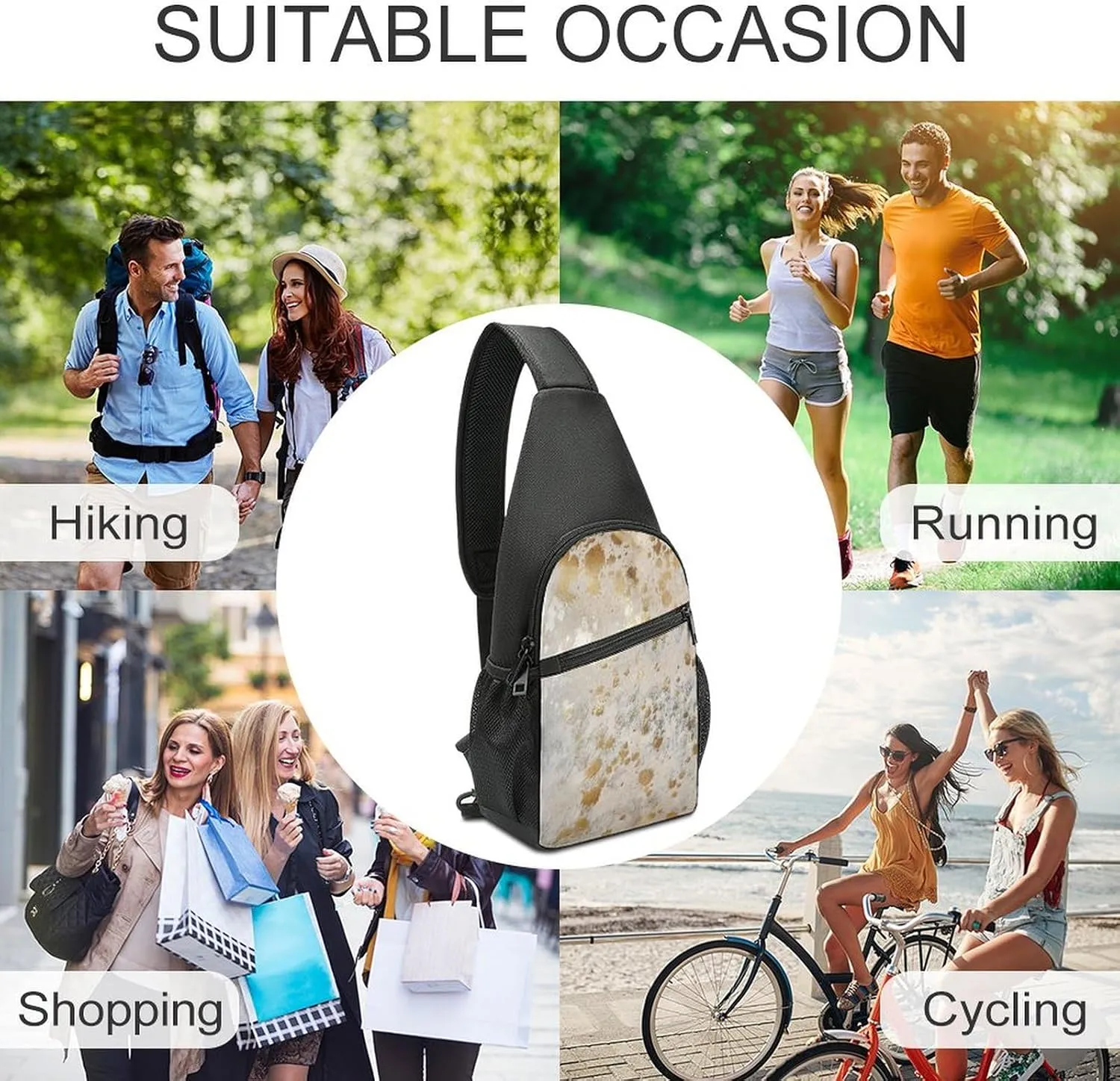 Cowhide Print Metallic Chest Bag with Mesh Pockets on Both Sides And Main Bag Design