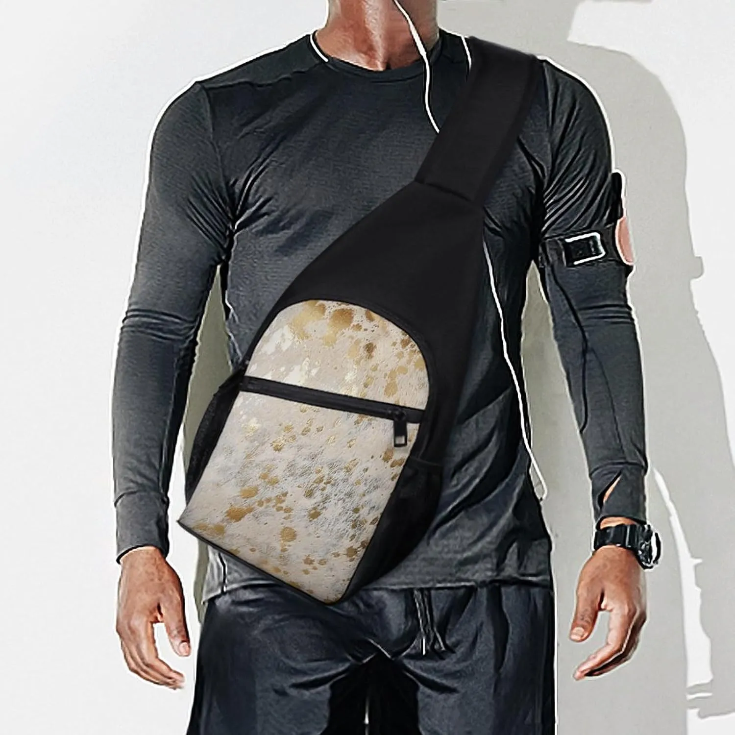 Cowhide Print Metallic Chest Bag with Mesh Pockets on Both Sides And Main Bag Design