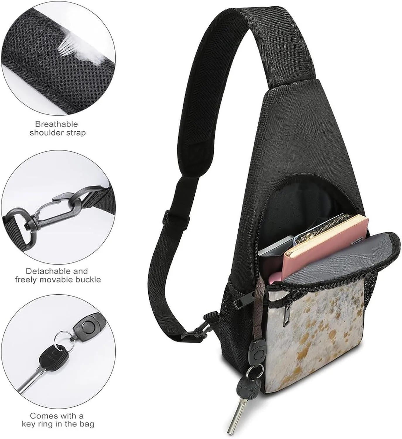 Cowhide Print Metallic Chest Bag with Mesh Pockets on Both Sides And Main Bag Design