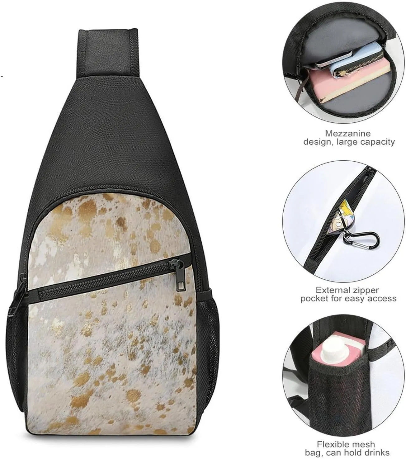 Cowhide Print Metallic Chest Bag with Mesh Pockets on Both Sides And Main Bag Design