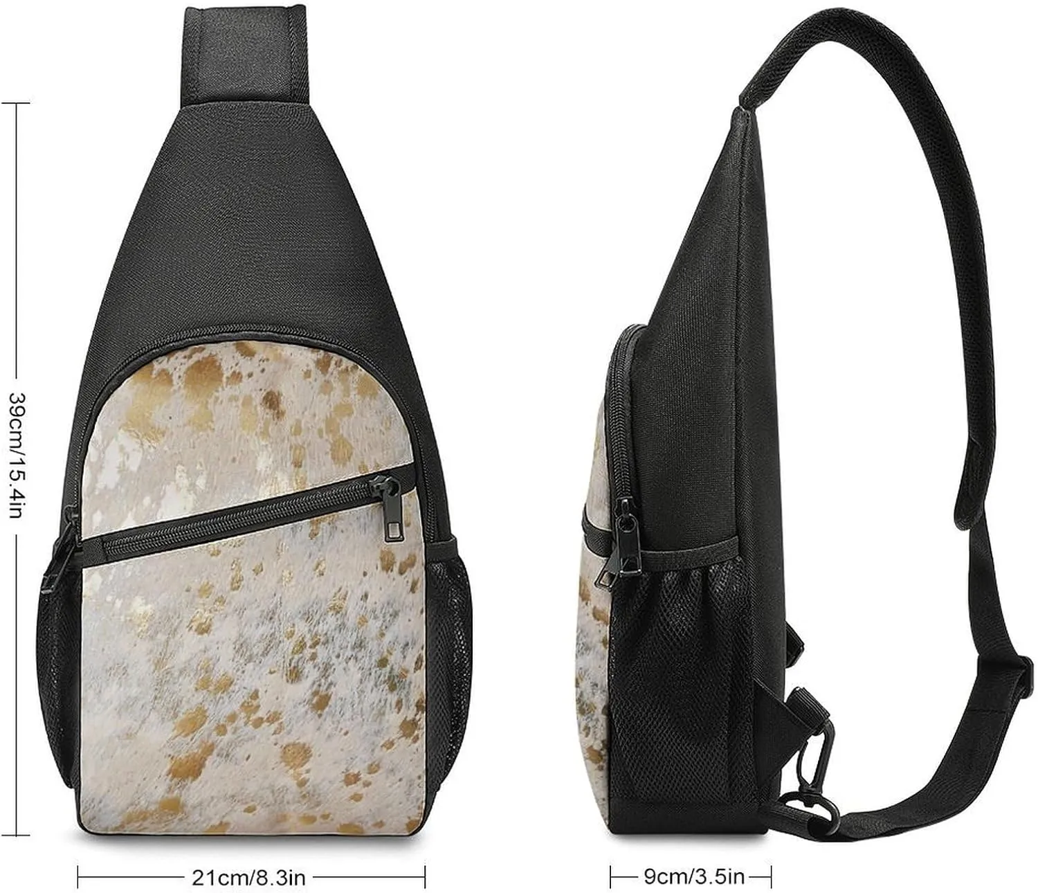 Cowhide Print Metallic Chest Bag with Mesh Pockets on Both Sides And Main Bag Design