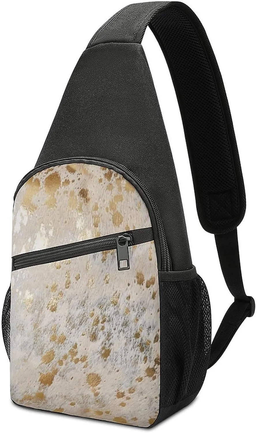 Cowhide Print Metallic Chest Bag with Mesh Pockets on Both Sides And Main Bag Design