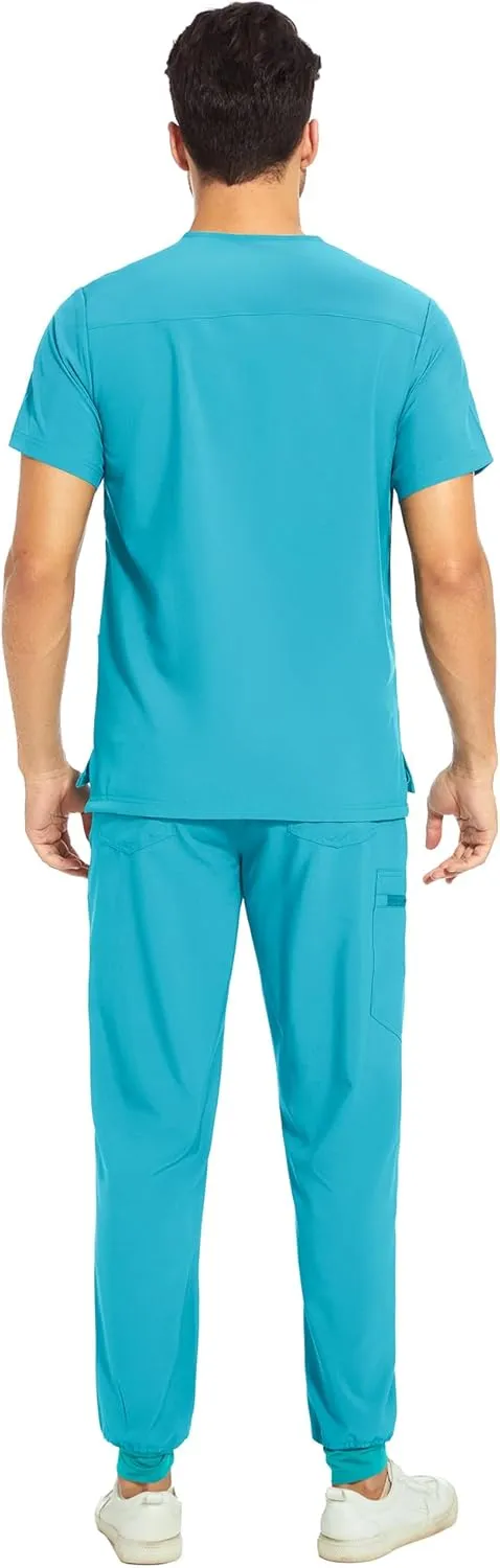 COZYFIT Men Scrubs Set — Stretch V-Neck Scrub Top & Jogger Pant with 8 Pockets, Yoga Waistband, Anti-Wrinkle Scrubs for Men