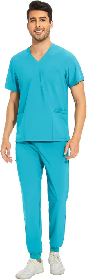 COZYFIT Men Scrubs Set — Stretch V-Neck Scrub Top & Jogger Pant with 8 Pockets, Yoga Waistband, Anti-Wrinkle Scrubs for Men