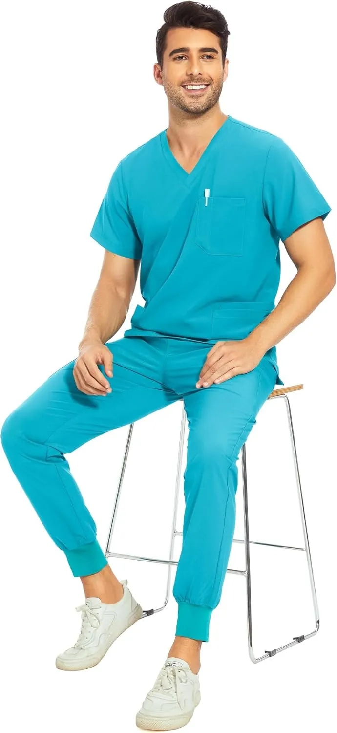 COZYFIT Men Scrubs Set — Stretch V-Neck Scrub Top & Jogger Pant with 8 Pockets, Yoga Waistband, Anti-Wrinkle Scrubs for Men
