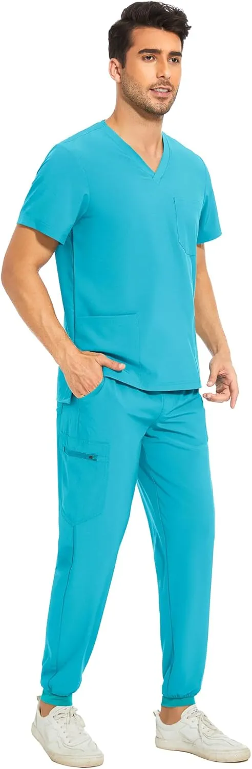 COZYFIT Men Scrubs Set — Stretch V-Neck Scrub Top & Jogger Pant with 8 Pockets, Yoga Waistband, Anti-Wrinkle Scrubs for Men
