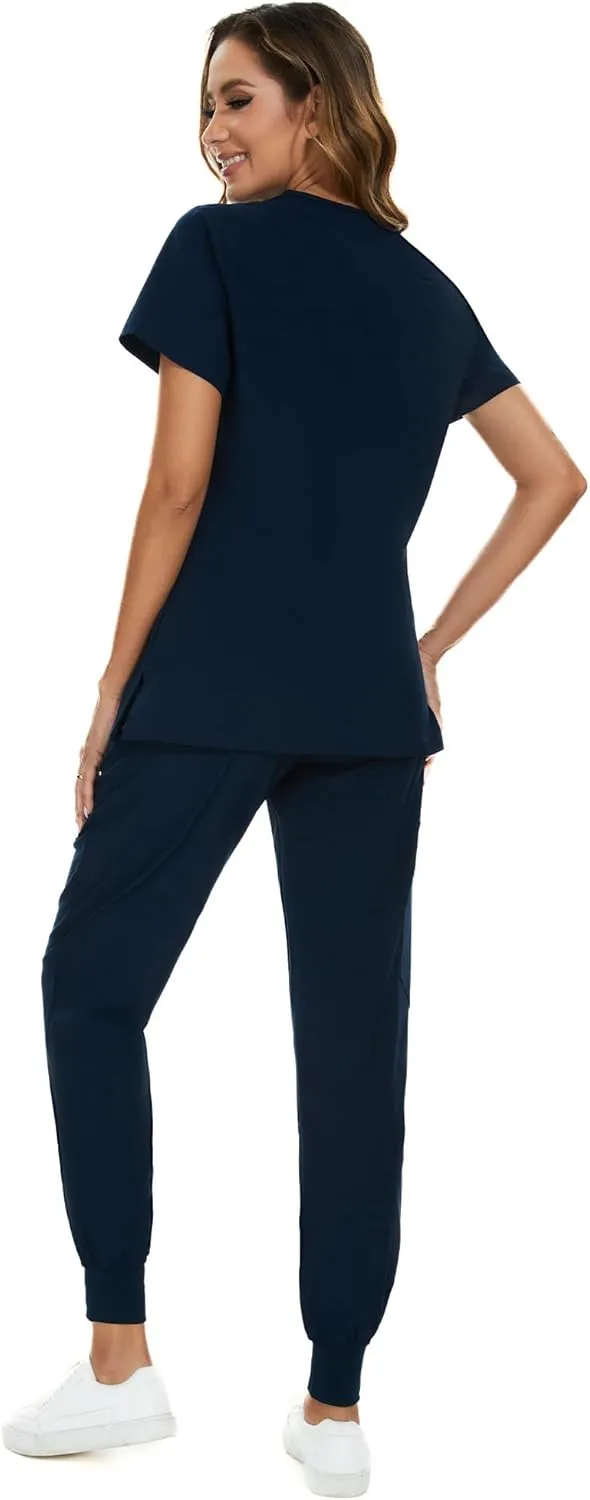 COZYFIT Scrubs for Women Set - Stretch V-Neck Scrub Top & Jogger Pant with 8 Pockets