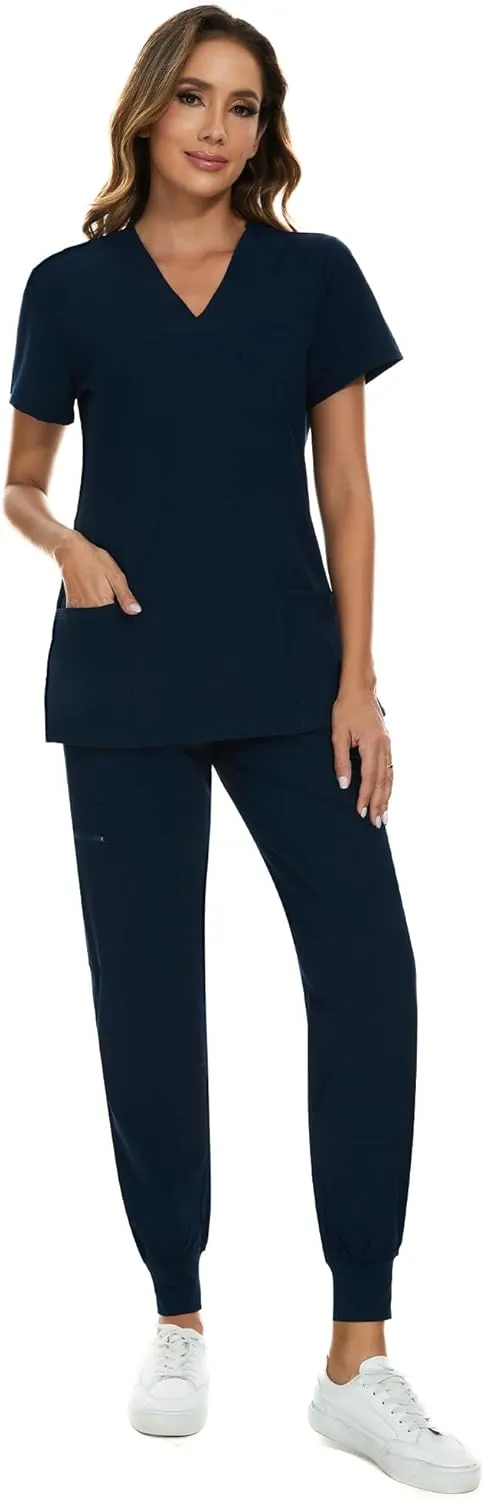 COZYFIT Scrubs for Women Set - Stretch V-Neck Scrub Top & Jogger Pant with 8 Pockets