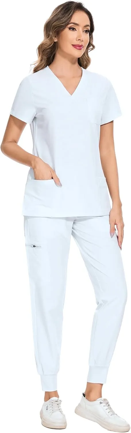 COZYFIT Scrubs for Women Set - Stretch V-Neck Scrub Top & Jogger Pant with 8 Pockets