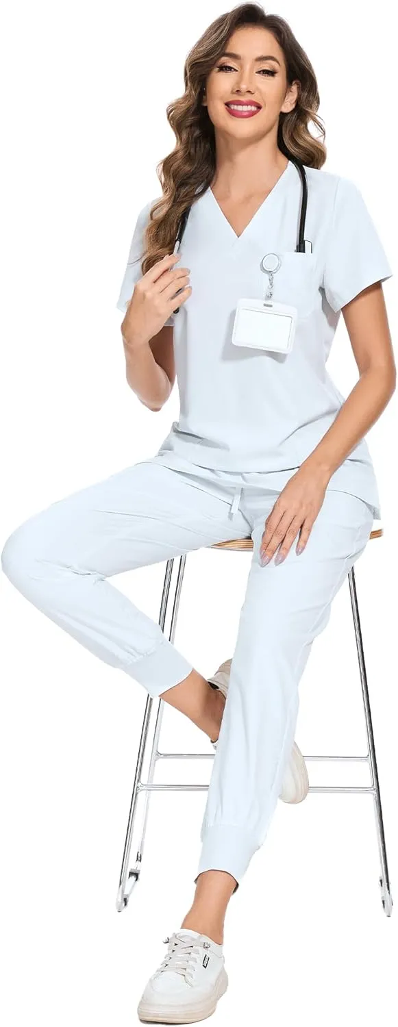 COZYFIT Scrubs for Women Set - Stretch V-Neck Scrub Top & Jogger Pant with 8 Pockets
