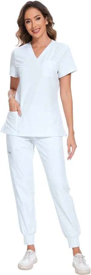 COZYFIT Scrubs for Women Set - Stretch V-Neck Scrub Top & Jogger Pant with 8 Pockets