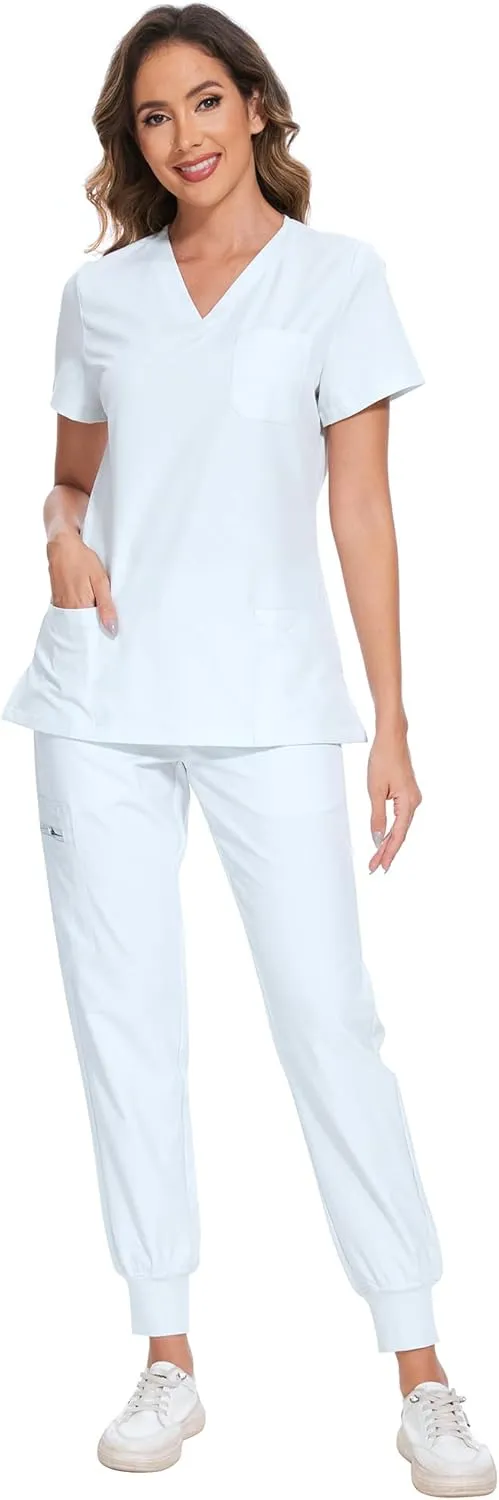 COZYFIT Scrubs for Women Set - Stretch V-Neck Scrub Top & Jogger Pant with 8 Pockets