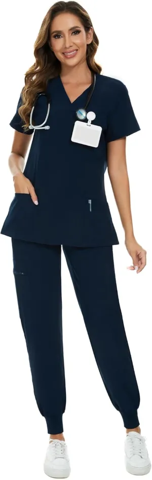 COZYFIT Scrubs for Women Set - Stretch V-Neck Scrub Top & Jogger Pant with 8 Pockets