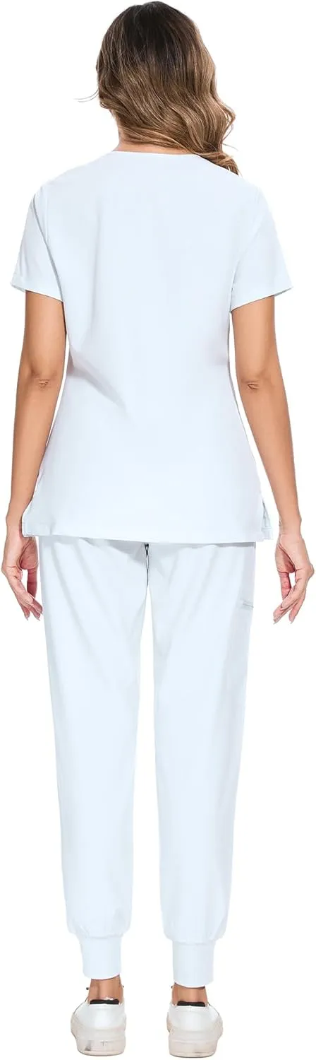 COZYFIT Scrubs for Women Set - Stretch V-Neck Scrub Top & Jogger Pant with 8 Pockets
