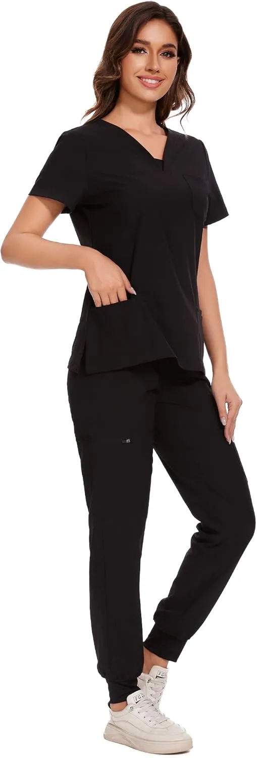 COZYFIT Scrubs for Women - V-Neck Top & Cargo Pants Scrubs Set with 10 Pockets