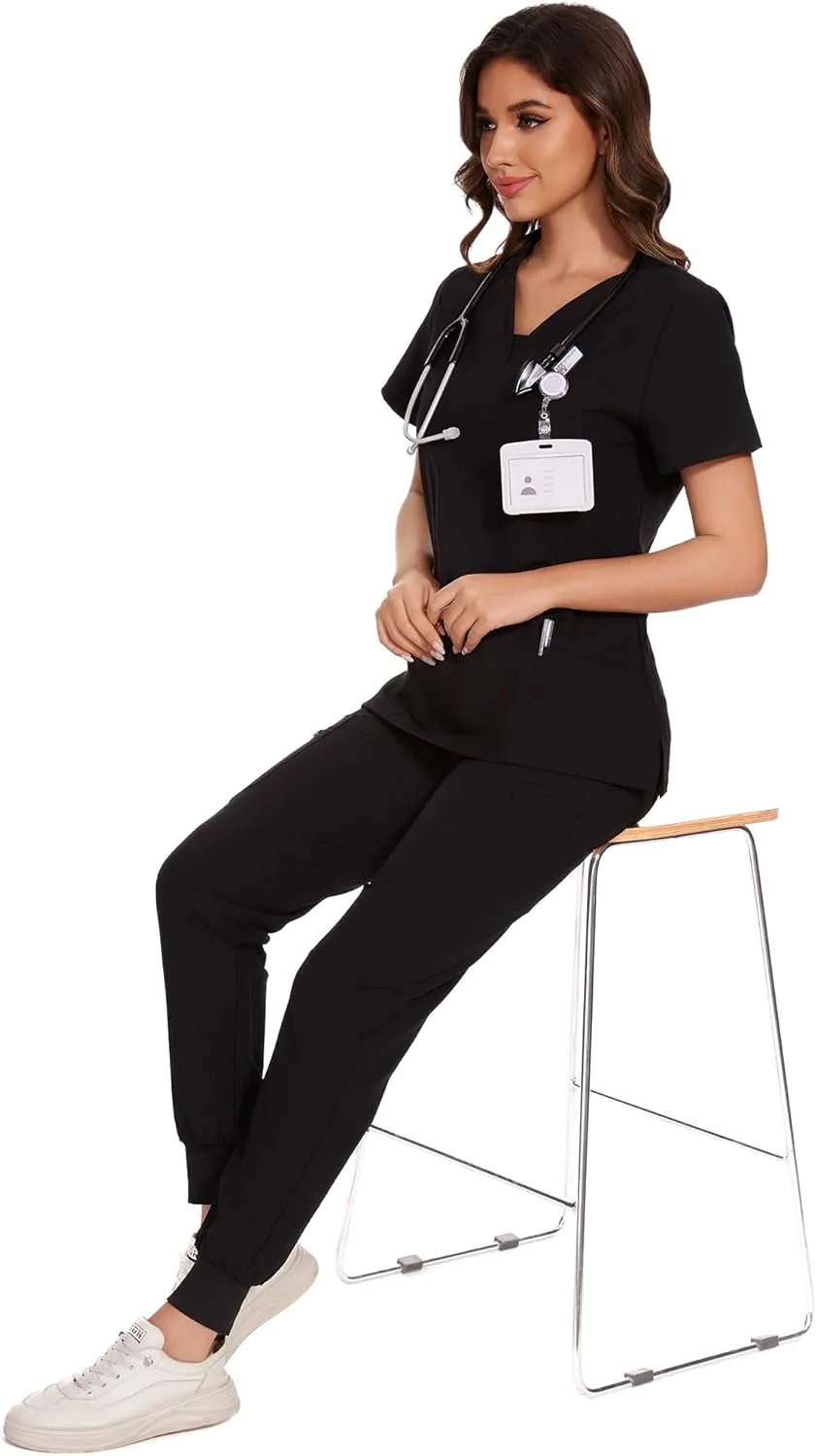 COZYFIT Scrubs for Women - V-Neck Top & Cargo Pants Scrubs Set with 10 Pockets