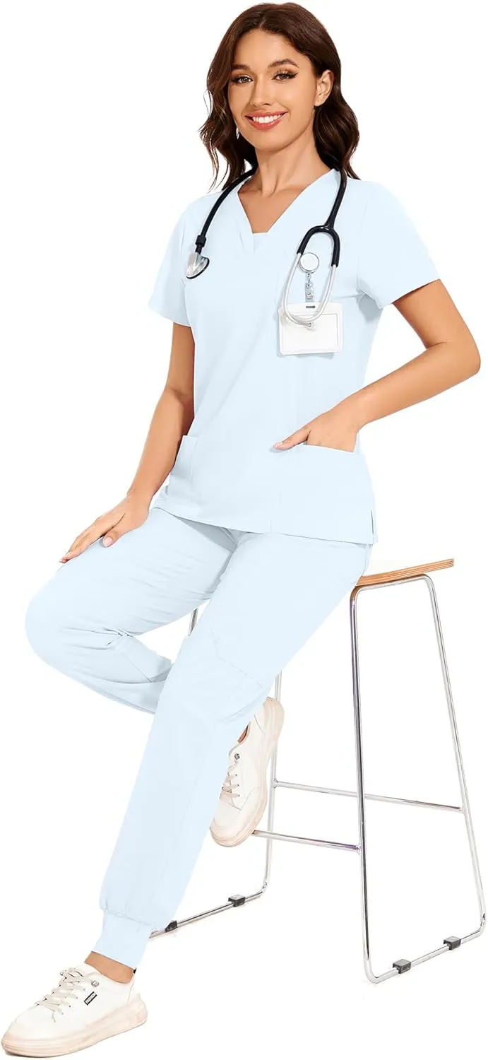 COZYFIT Scrubs for Women - V-Neck Top & Cargo Pants Scrubs Set with 10 Pockets