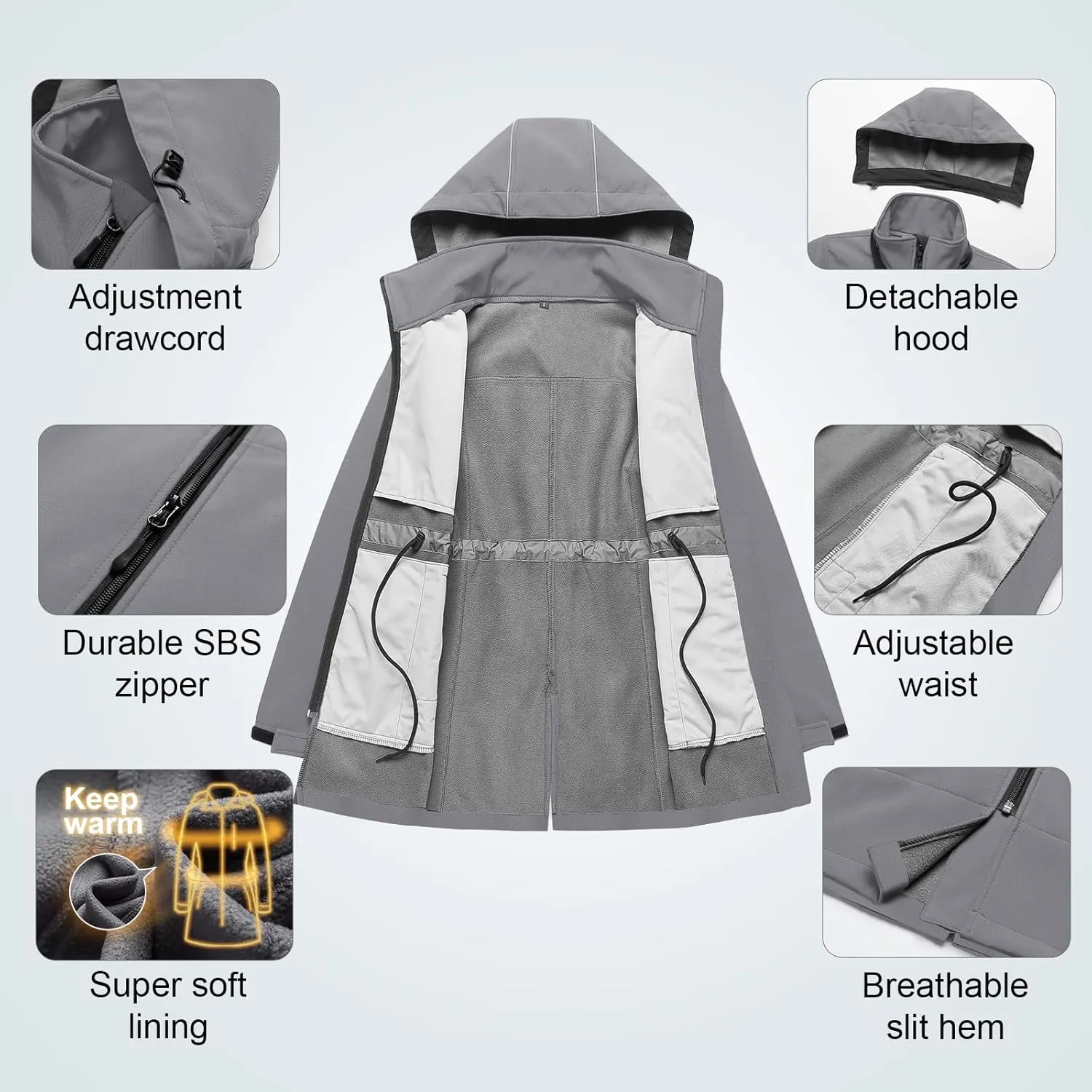 CREATMO US Women's Plus Size Long Softshell Jacket Waterproof Fleece Lined Rain Jacket Lightweight Windbreaker With Hood
