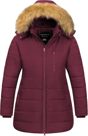 CREATMO US Women's Plus Size Winter Coats Long Puffer Jacket Fleece Lined Parka Removable Fur Hood Available in 1X To 5X
