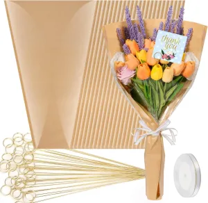 cridoz 50 PCS Flower Wrapping Paper Sleeves for Bouquets with 50 PCS Floral Card Holder Picks and Ribbons, Kraft Bouquet Bags for Flower Bar, Mother's Day, Graduation, Valentine, 22 x 14 Inches