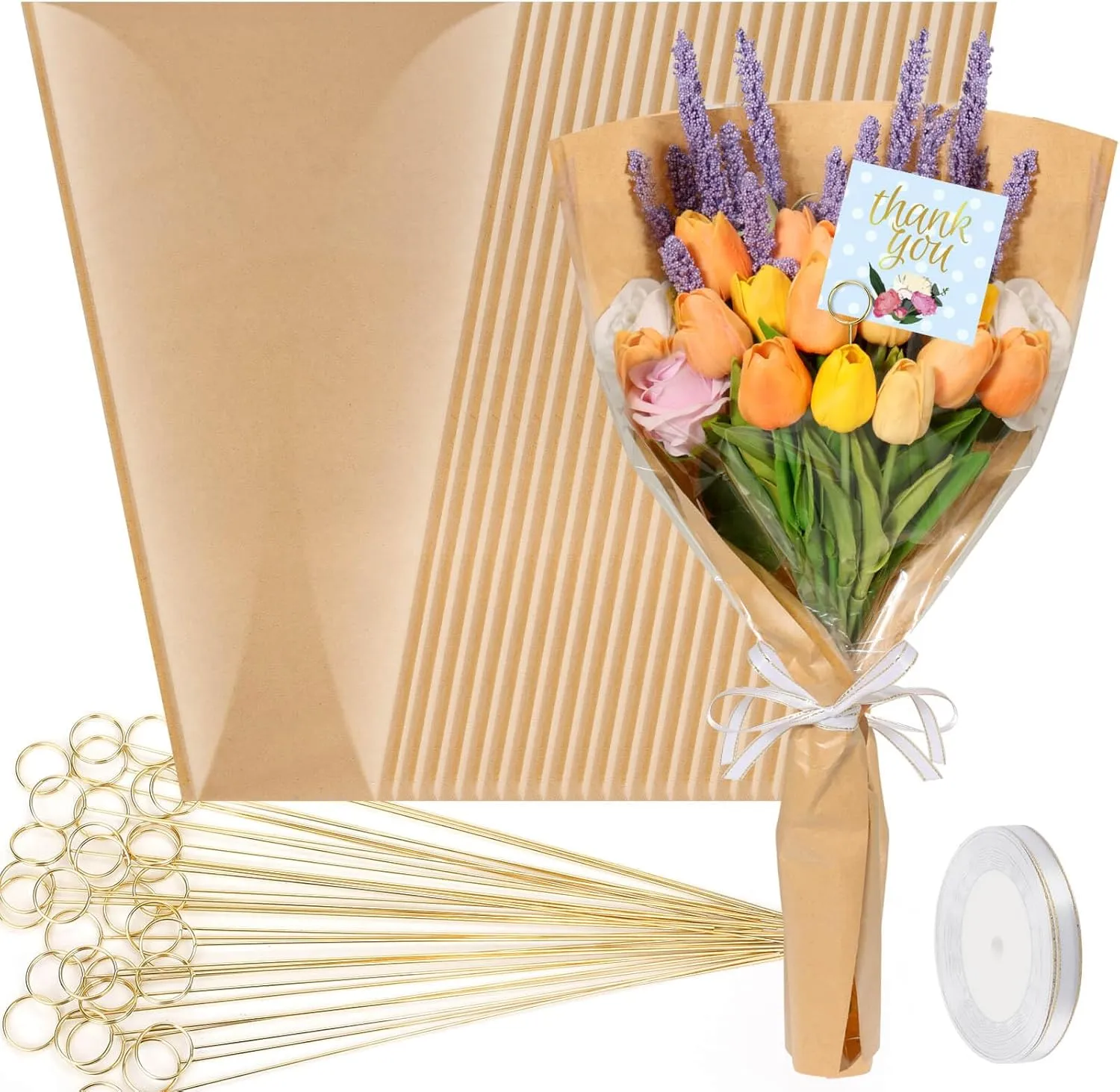 cridoz 50 PCS Flower Wrapping Paper Sleeves for Bouquets with 50 PCS Floral Card Holder Picks and Ribbons, Kraft Bouquet Bags for Flower Bar, Mother's Day, Graduation, Valentine, 22 x 14 Inches