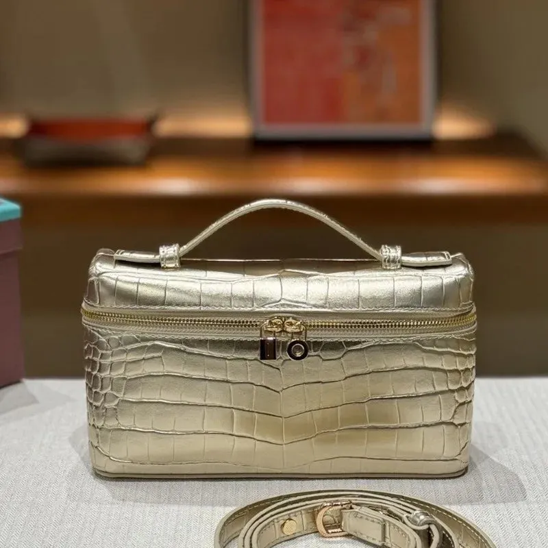 Crocodile Cowhide Leather Lunch Box Bag – Small Square Crossbody Shoulder Bag with Lock | Fashionable Women's Purse