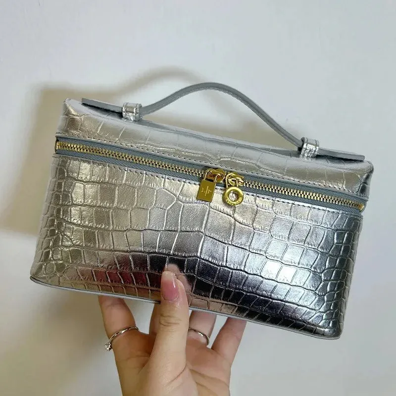 Crocodile Cowhide Leather Lunch Box Bag – Small Square Crossbody Shoulder Bag with Lock | Fashionable Women's Purse