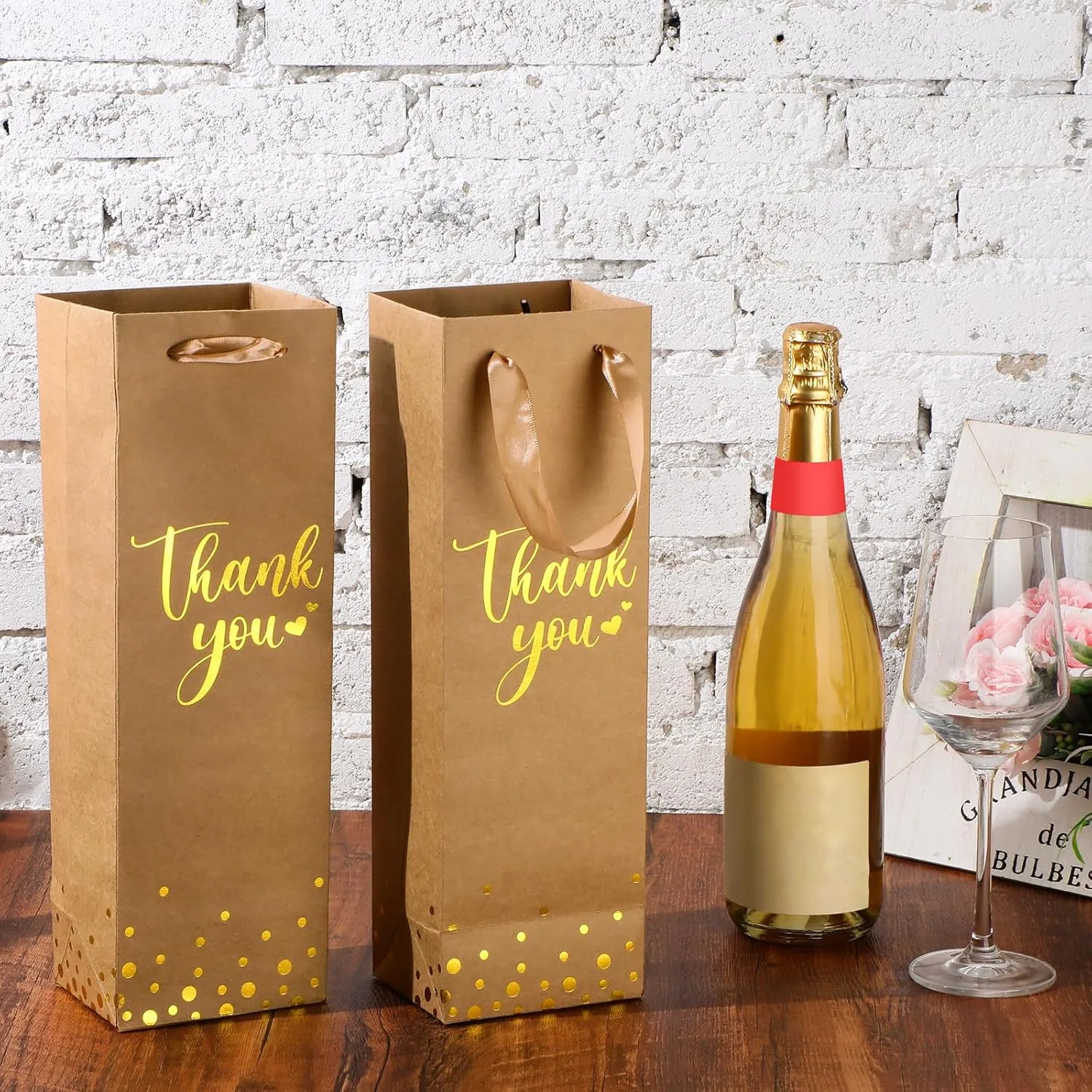 Ctosree 30 Pcs Wine Gift Bag for Bottle Wedding Thank You Favor Bag Metallic Gold Foil Print Kraft Wine Paper Bag with Rope Handle for Birthday Bridal Baby Shower Housewarming Party(Brown)