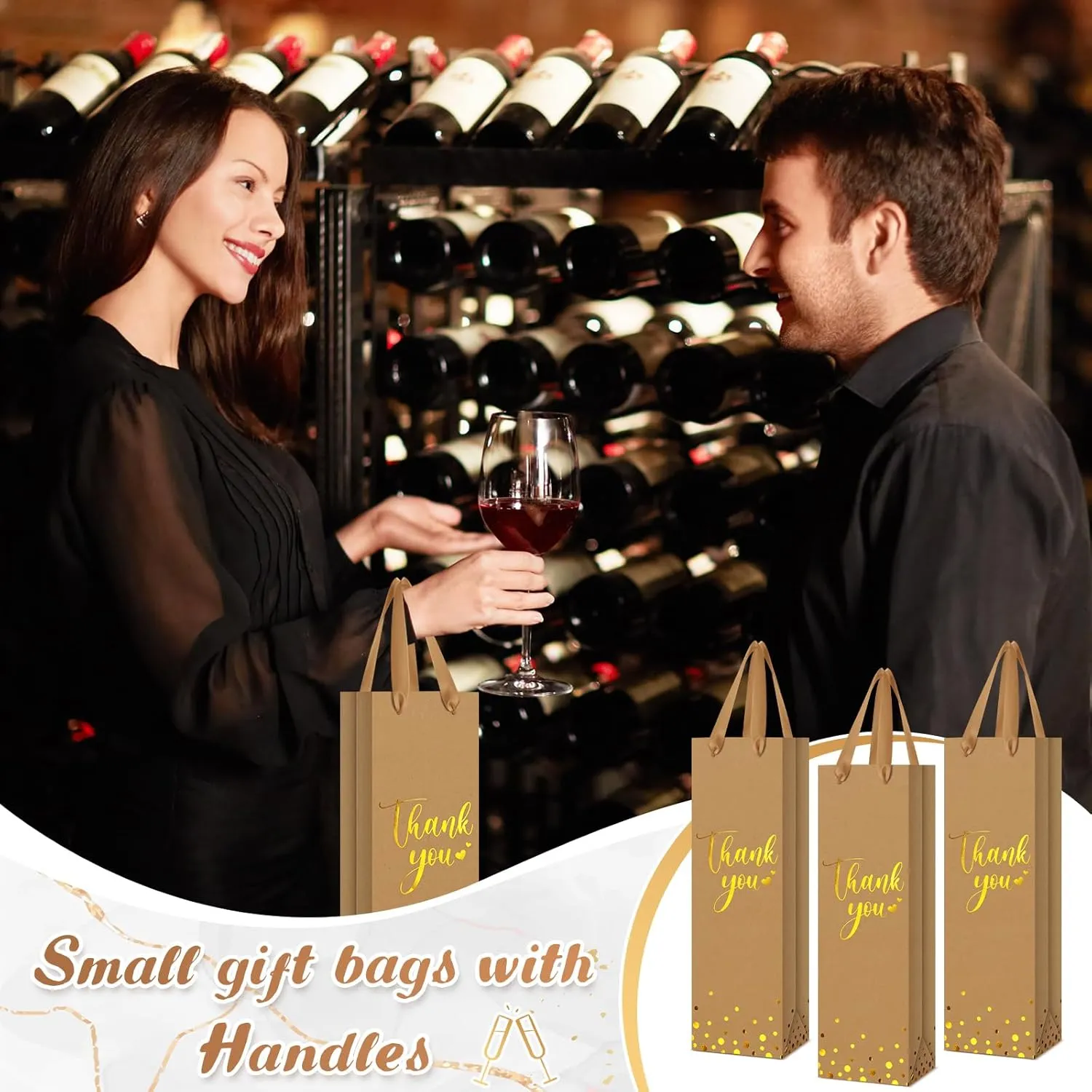 Ctosree 30 Pcs Wine Gift Bag for Bottle Wedding Thank You Favor Bag Metallic Gold Foil Print Kraft Wine Paper Bag with Rope Handle for Birthday Bridal Baby Shower Housewarming Party(Brown)