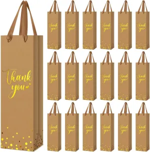 Ctosree 30 Pcs Wine Gift Bag for Bottle Wedding Thank You Favor Bag Metallic Gold Foil Print Kraft Wine Paper Bag with Rope Handle for Birthday Bridal Baby Shower Housewarming Party(Brown)