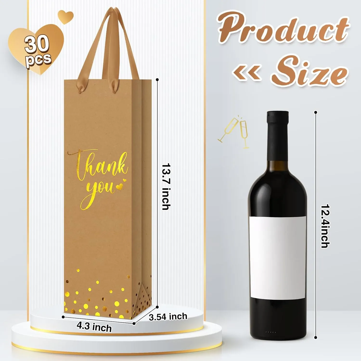 Ctosree 30 Pcs Wine Gift Bag for Bottle Wedding Thank You Favor Bag Metallic Gold Foil Print Kraft Wine Paper Bag with Rope Handle for Birthday Bridal Baby Shower Housewarming Party(Brown)