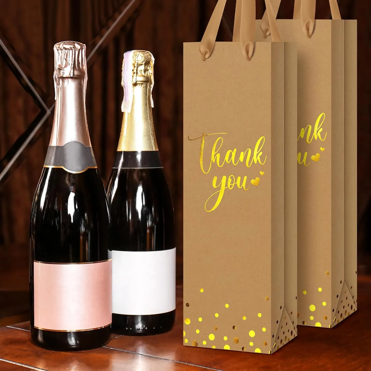 Ctosree 30 Pcs Wine Gift Bag for Bottle Wedding Thank You Favor Bag Metallic Gold Foil Print Kraft Wine Paper Bag with Rope Handle for Birthday Bridal Baby Shower Housewarming Party(Brown)