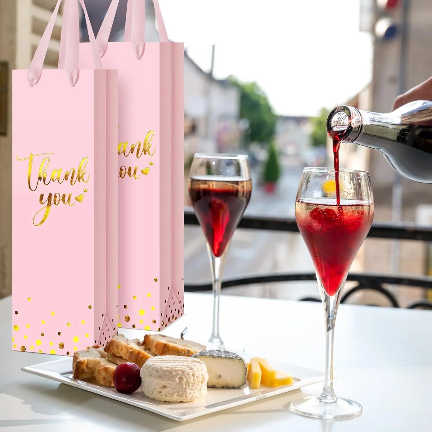 Ctosree 30 Pcs Wine Gift Bag for Bottle Wedding Thank You Favor Bag Metallic Gold Foil Print Kraft Wine Paper Bag with Rope Handle for Birthday Bridal Baby Shower Housewarming Party(Pink)