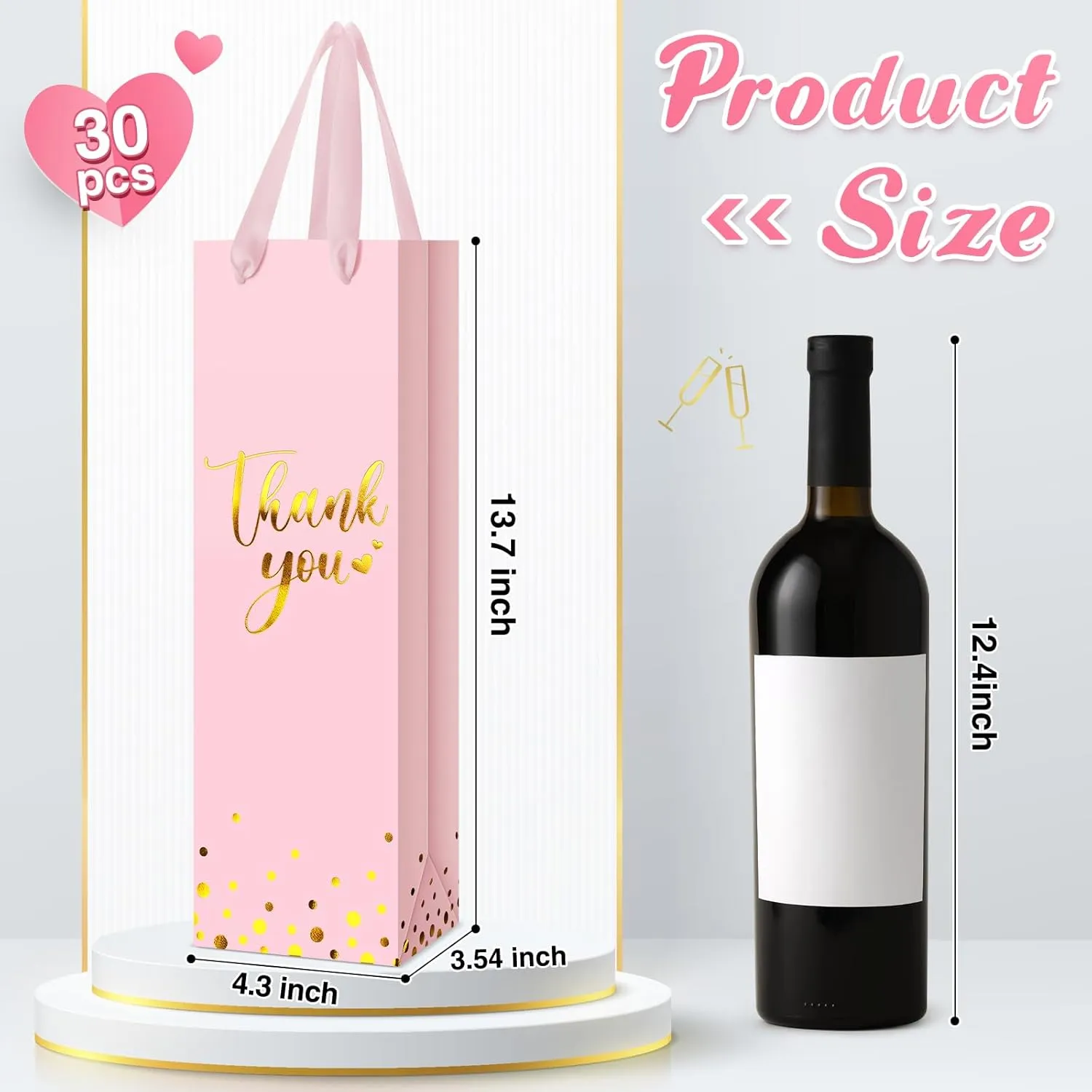 Ctosree 30 Pcs Wine Gift Bag for Bottle Wedding Thank You Favor Bag Metallic Gold Foil Print Kraft Wine Paper Bag with Rope Handle for Birthday Bridal Baby Shower Housewarming Party(Pink)