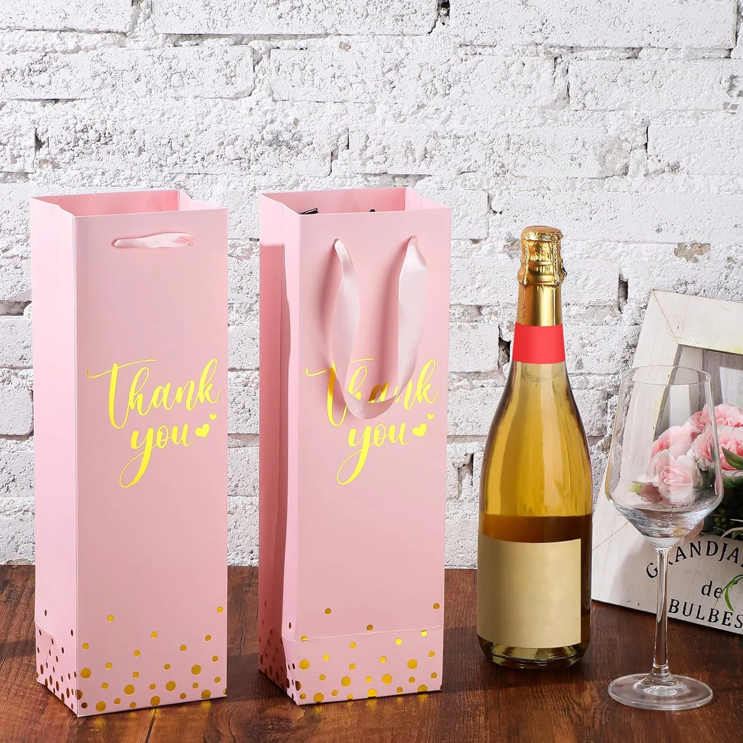 Ctosree 30 Pcs Wine Gift Bag for Bottle Wedding Thank You Favor Bag Metallic Gold Foil Print Kraft Wine Paper Bag with Rope Handle for Birthday Bridal Baby Shower Housewarming Party(Pink)