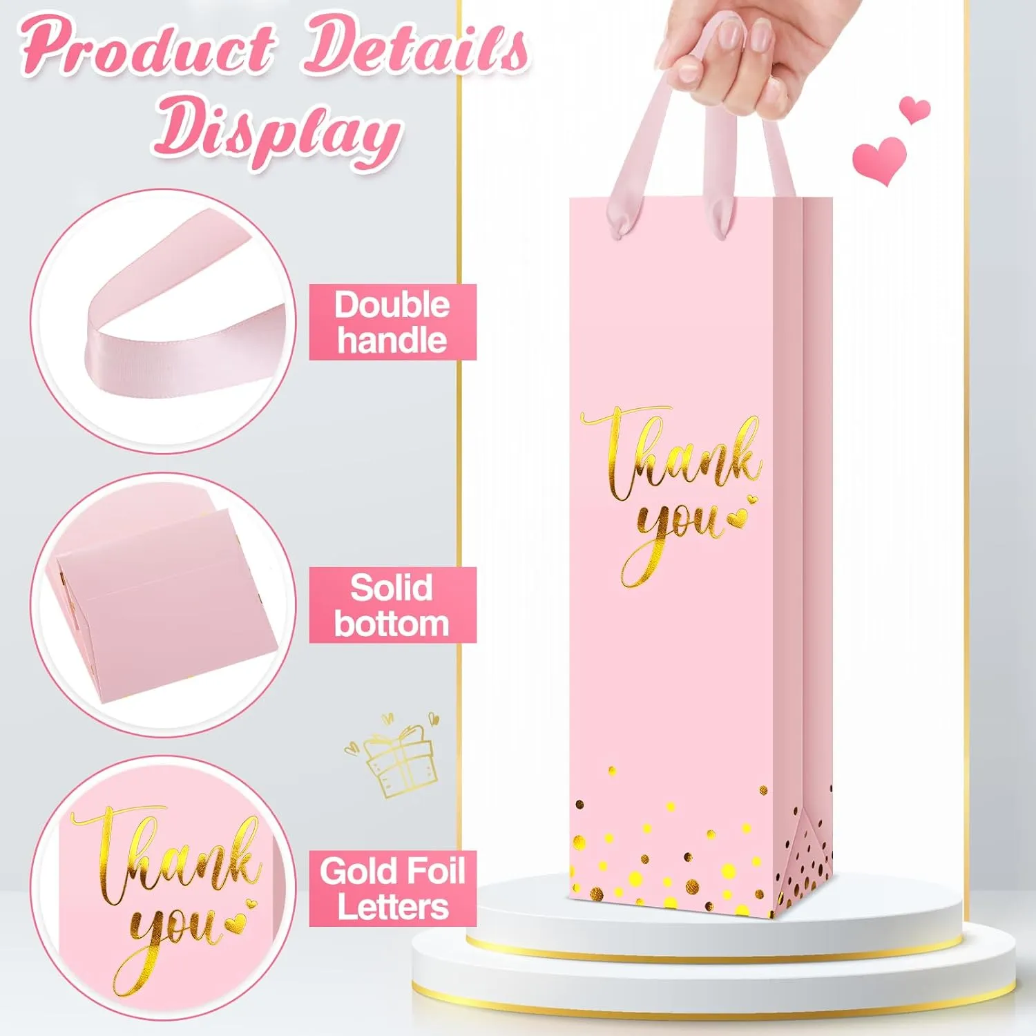 Ctosree 30 Pcs Wine Gift Bag for Bottle Wedding Thank You Favor Bag Metallic Gold Foil Print Kraft Wine Paper Bag with Rope Handle for Birthday Bridal Baby Shower Housewarming Party(Pink)
