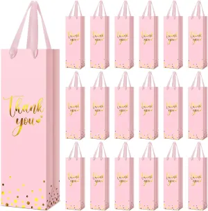Ctosree 30 Pcs Wine Gift Bag for Bottle Wedding Thank You Favor Bag Metallic Gold Foil Print Kraft Wine Paper Bag with Rope Handle for Birthday Bridal Baby Shower Housewarming Party(Pink)