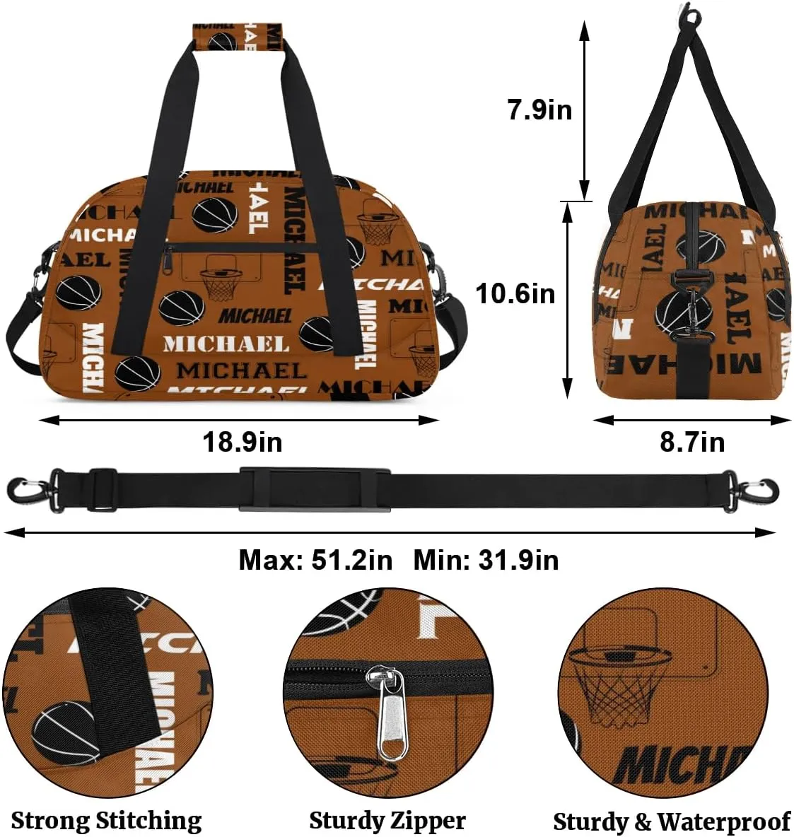 Custom Basketball Gym Duffel Bag for Women Men, Personalized Name Sport Bag Overnight Bags Customized Travel Weekender Bag, Brown
