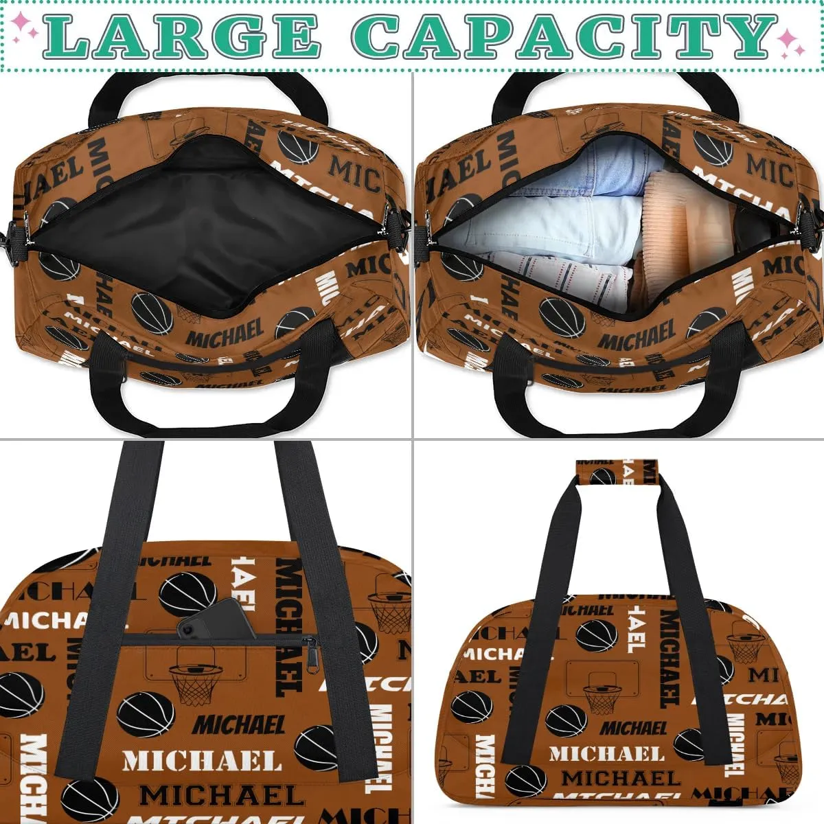 Custom Basketball Gym Duffel Bag for Women Men, Personalized Name Sport Bag Overnight Bags Customized Travel Weekender Bag, Brown