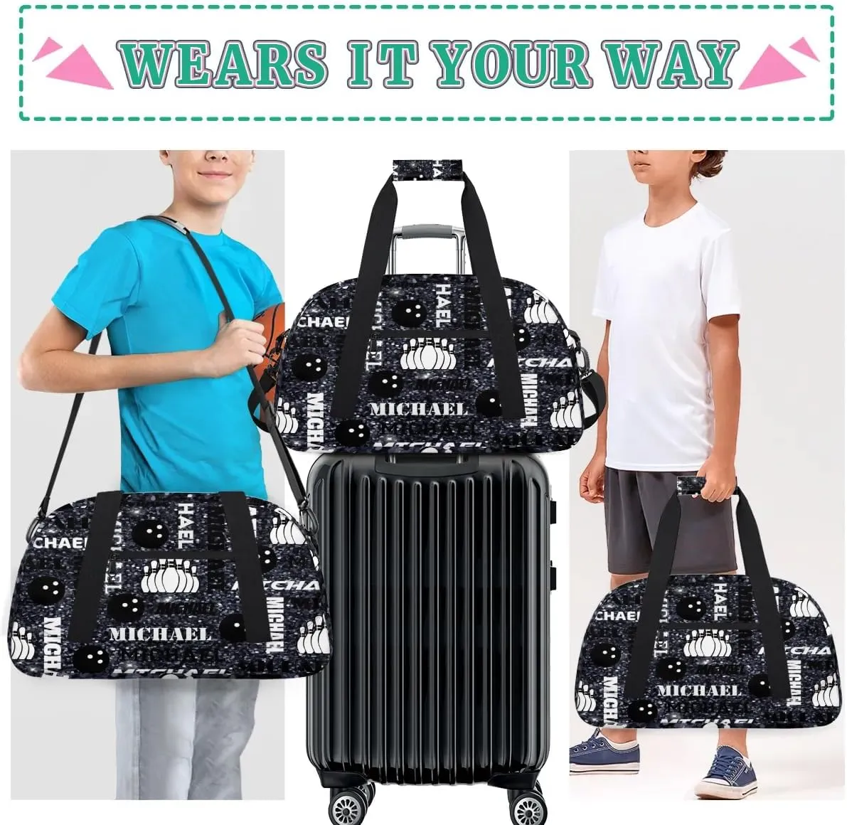 Custom Bowling Gym Bag Duffel Bag with Name, Personalized Sport Bag Overnight Bags Customized Travel Weekender Bag for Women Men, Dark Glitter
