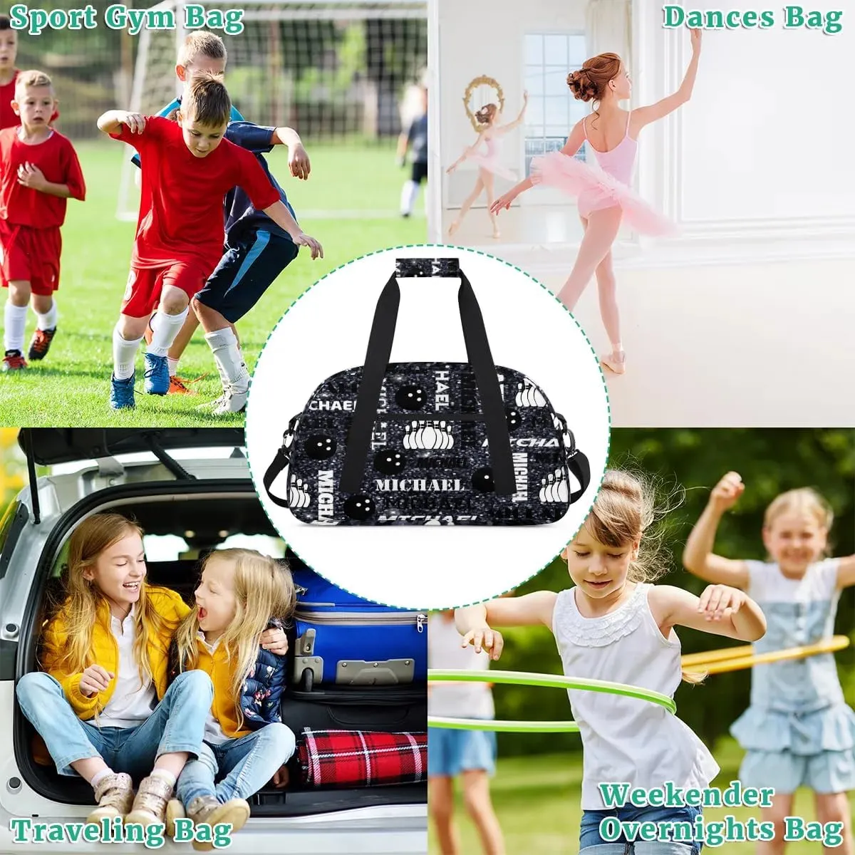 Custom Bowling Gym Bag Duffel Bag with Name, Personalized Sport Bag Overnight Bags Customized Travel Weekender Bag for Women Men, Dark Glitter
