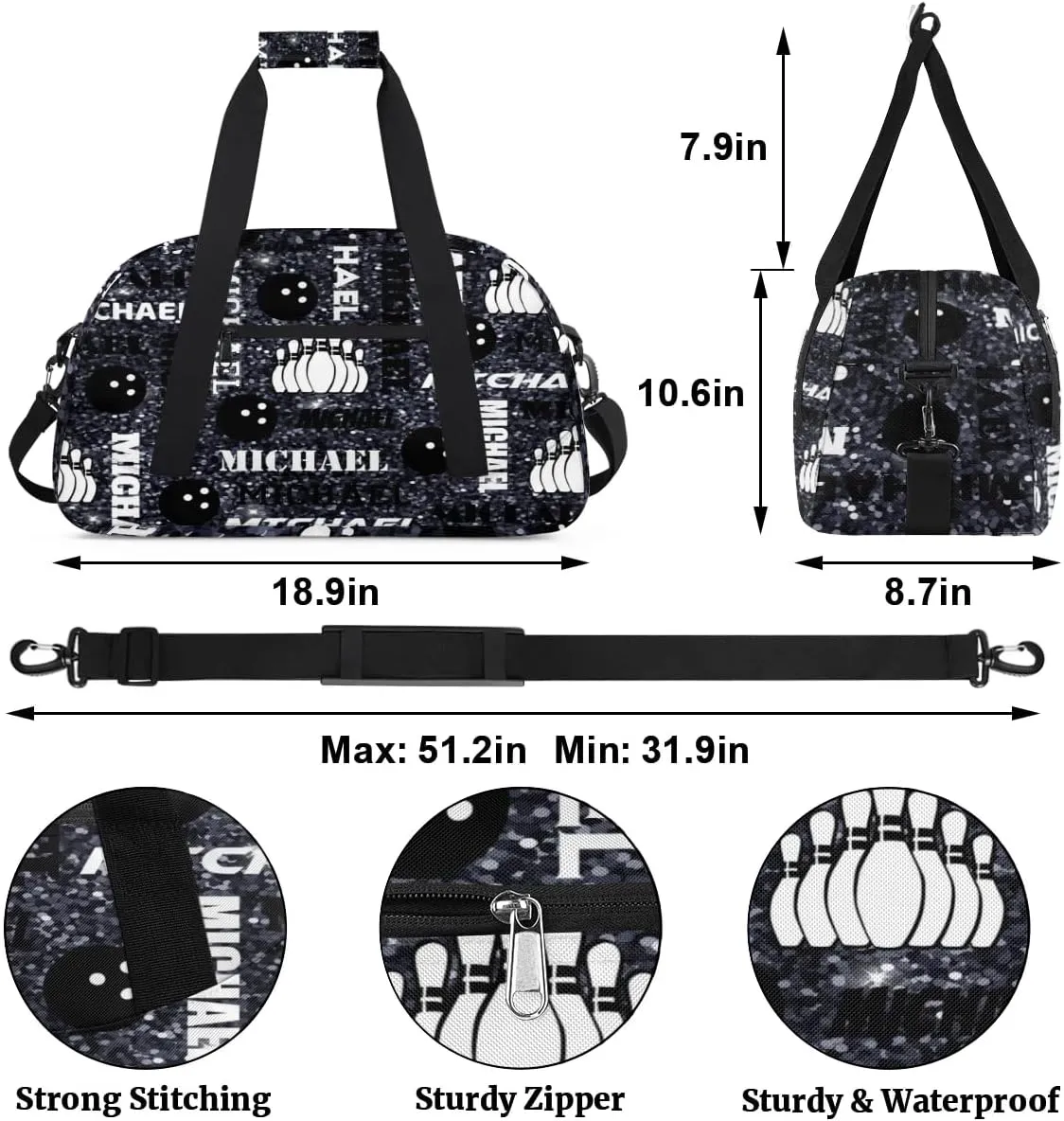 Custom Bowling Gym Bag Duffel Bag with Name, Personalized Sport Bag Overnight Bags Customized Travel Weekender Bag for Women Men, Dark Glitter