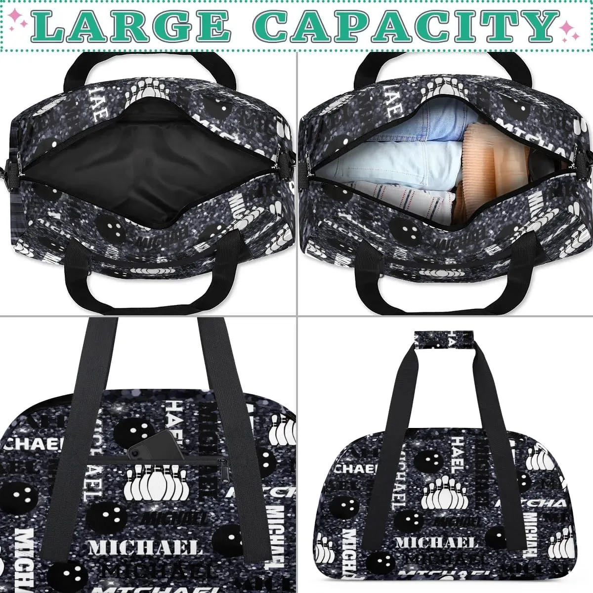 Custom Bowling Gym Bag Duffel Bag with Name, Personalized Sport Bag Overnight Bags Customized Travel Weekender Bag for Women Men, Dark Glitter