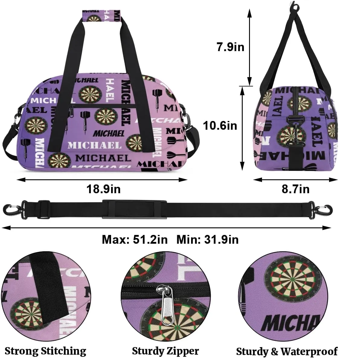 Custom Darts Gym Duffel Bag with Name, Personalized Name Sport Bag Overnight Bags Customized Travel Weekender Bag for Women Men, Purple Voilet