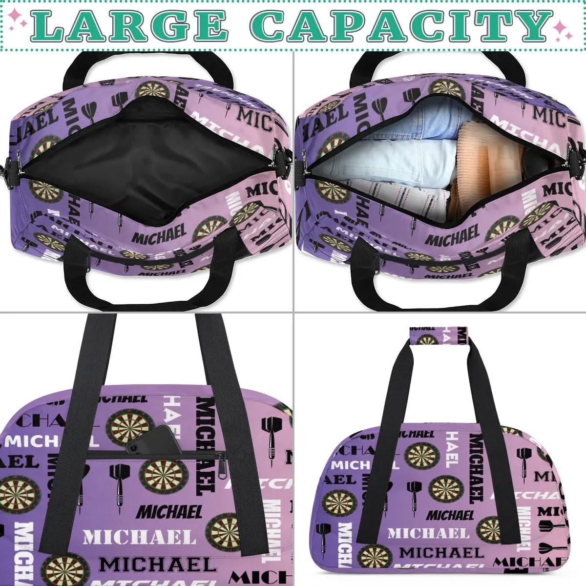 Custom Darts Gym Duffel Bag with Name, Personalized Name Sport Bag Overnight Bags Customized Travel Weekender Bag for Women Men, Purple Voilet