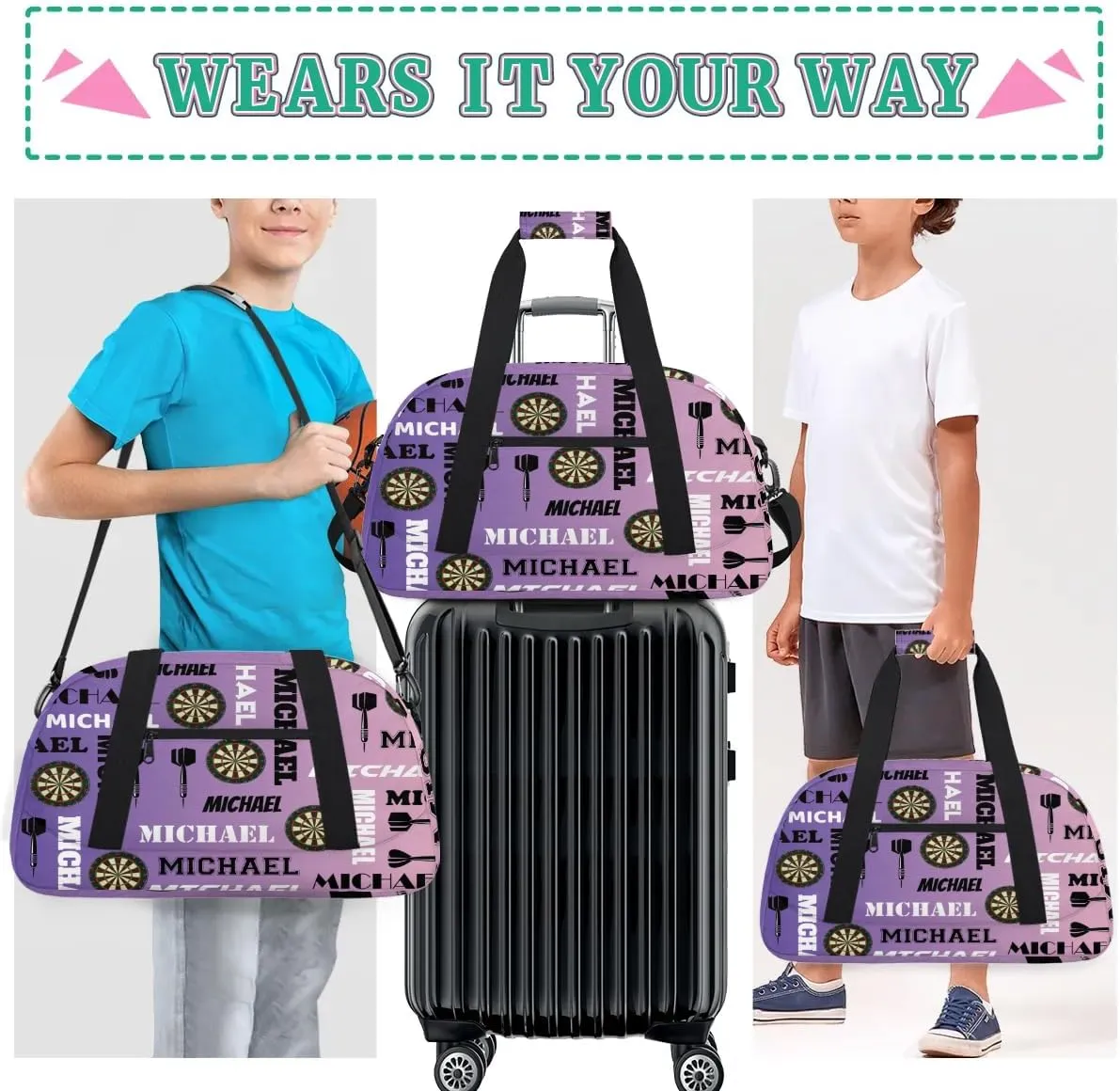 Custom Darts Gym Duffel Bag with Name, Personalized Name Sport Bag Overnight Bags Customized Travel Weekender Bag for Women Men, Purple Voilet