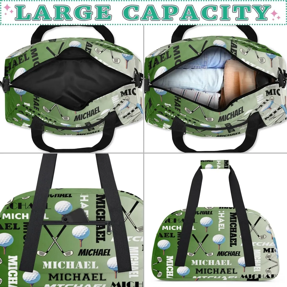Custom Golf Gym Bag Duffel Bag for Women Men, Personalized Name Sport Bag Overnight Bags Customized Travel Weekender Bag, Misty Green